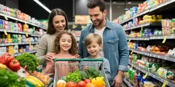 Smiling family with a full grocery cart, symbolizing successful food assistance