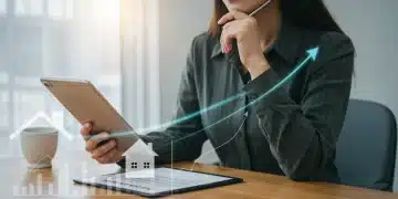 Woman reviewing mortgage documents and financial charts with rising interest rate graph in background