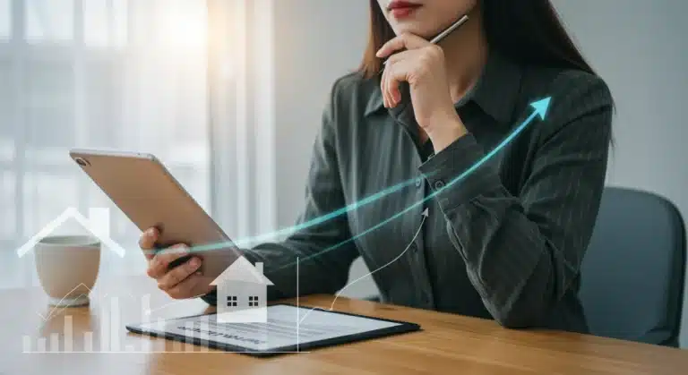 Woman reviewing mortgage documents and financial charts with rising interest rate graph in background