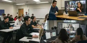 Students engaged in both online and in-person learning environments, symbolizing higher education in 2025.