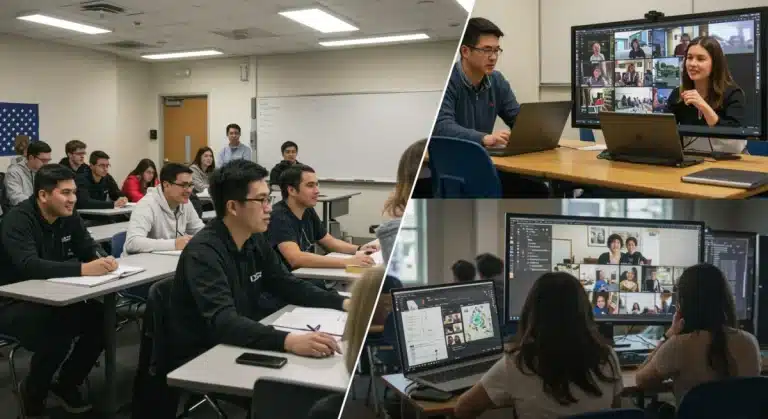 Students engaged in both online and in-person learning environments, symbolizing higher education in 2025.