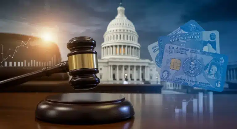 Gavel on legislative desk with US Capitol, symbolizing new Social Security legislation