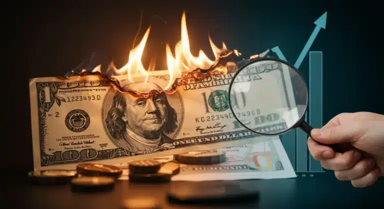 US dollar bill burning with rising inflation graph and hand examining a bond certificate, representing 2025 inflation impact on fixed-income.