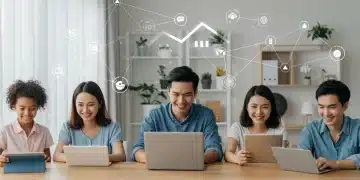 Families and individuals happily using internet devices at home