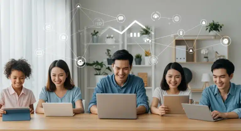 Families and individuals happily using internet devices at home