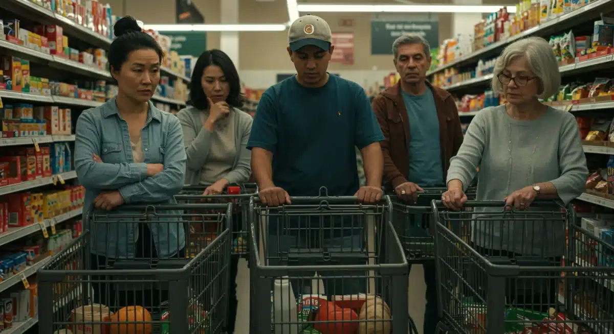 Consumers making cautious purchasing decisions in a supermarket aisle.