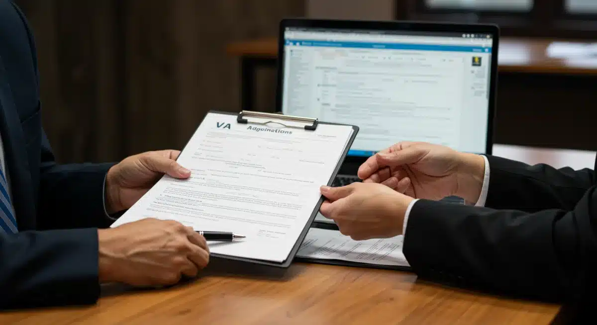 Veteran and VA representative reviewing disability compensation documents