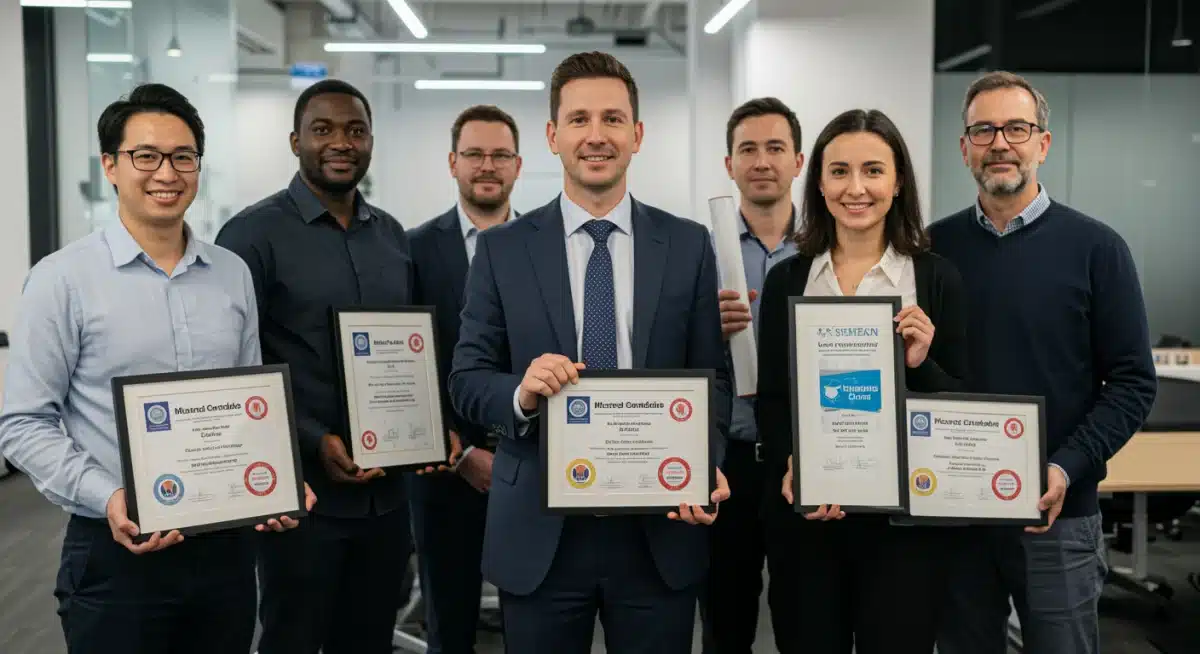 Diverse workforce with micro-credentials and traditional degrees collaborating