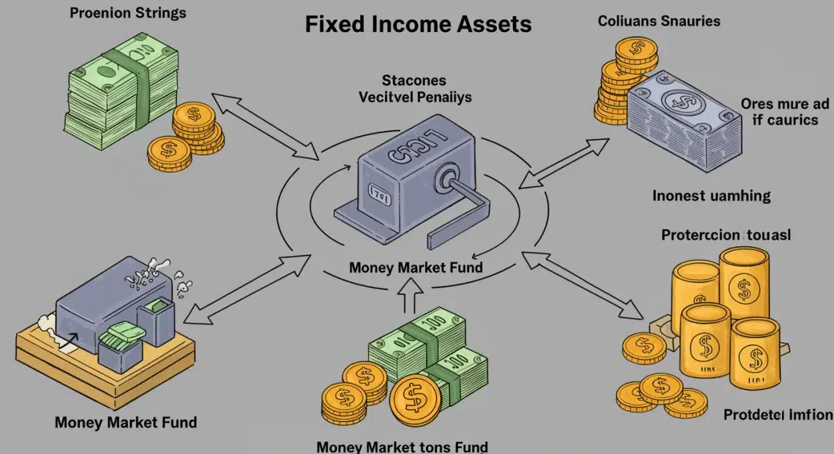 Illustration of diverse fixed-income assets and strategies to protect them from inflation, showcasing stability.