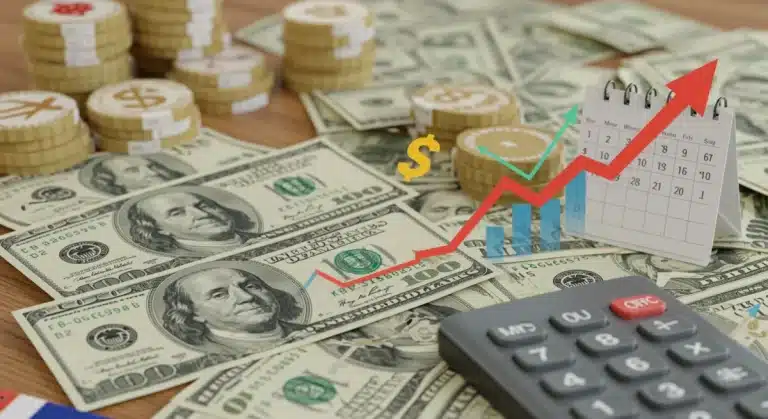 Illustration of high-yield savings growth in 2025 with dollar bills and upward trending graph