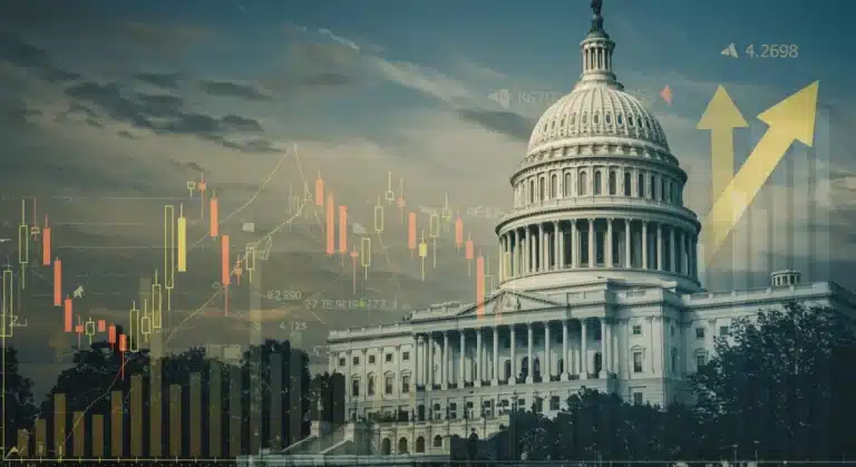 US Capitol building with financial market charts, representing Washington policy impact on investments.