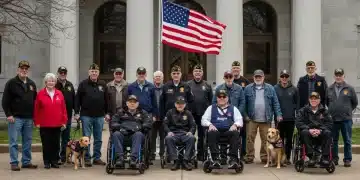 Veterans gathered at a government building seeking benefits information