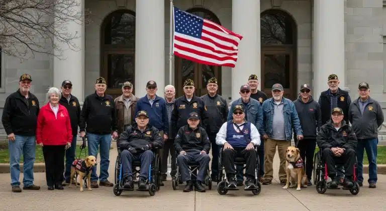 Veterans gathered at a government building seeking benefits information