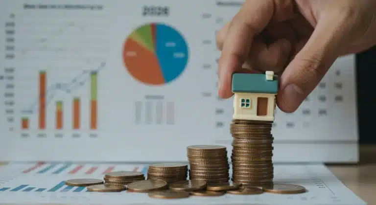 Hand placing house on coins, symbolizing mortgage impact of 2026 Fed rate hikes
