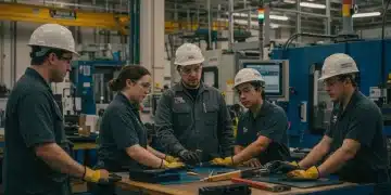 Diverse apprentices learning skills in a modern US industrial workshop with mentors