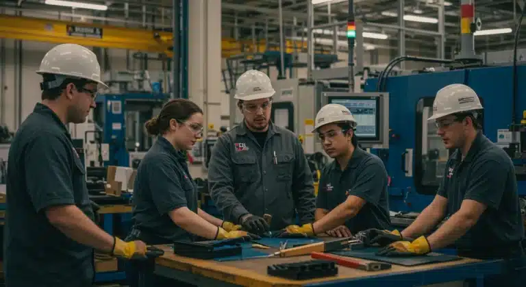 Diverse apprentices learning skills in a modern US industrial workshop with mentors