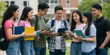 College students discussing 2025 FAFSA financial aid forms on campus