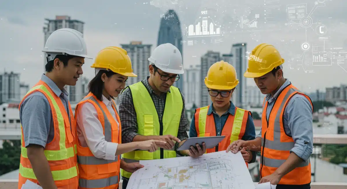 Engineers and construction workers collaborating on smart city project blueprints, representing innovation in infrastructure.