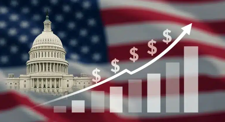 US Capitol with ascending bar graphs and dollar signs representing federal budget increase