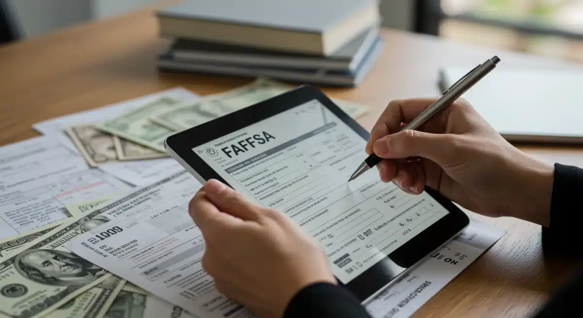 Hand filling out digital FAFSA form with financial documents