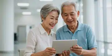 Senior couple reviewing Medicare Advantage plan options on a tablet for 2026.