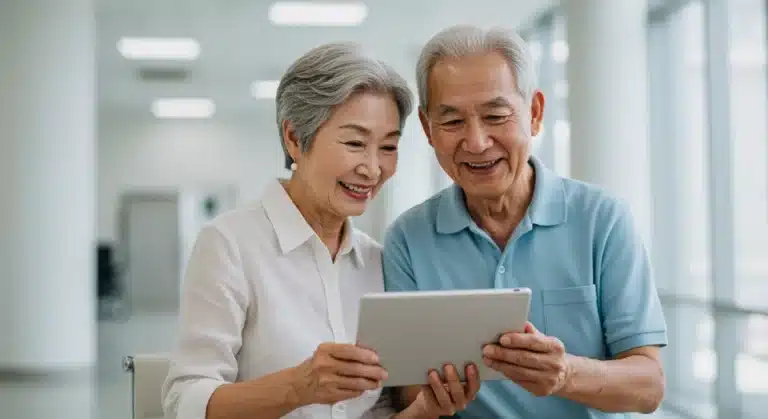 Senior couple reviewing Medicare Advantage plan options on a tablet for 2026.