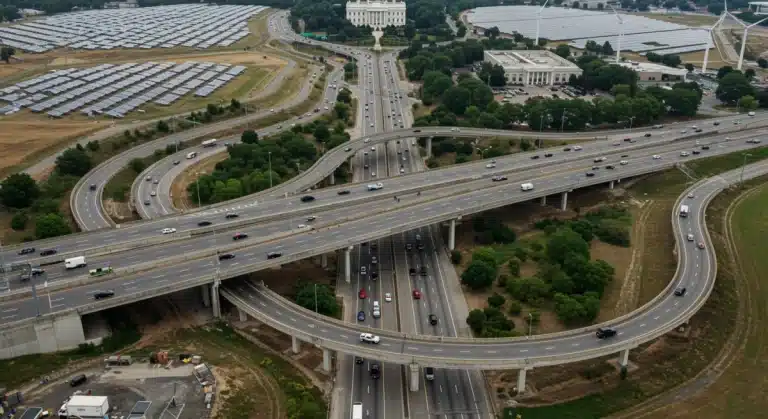 Modern highway interchange with renewable energy infrastructure, symbolizing the White House's National Infrastructure Plan 2.0 investment.