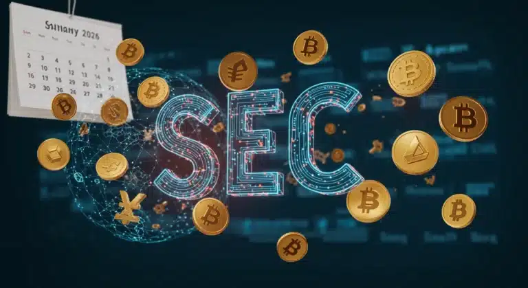SEC logo overlaying blockchain, cryptocurrency symbols, and 2026 calendar
