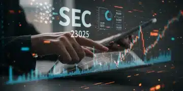 Digital financial dashboard with SEC logo, Q3 2025 data, and investor analyzing charts.