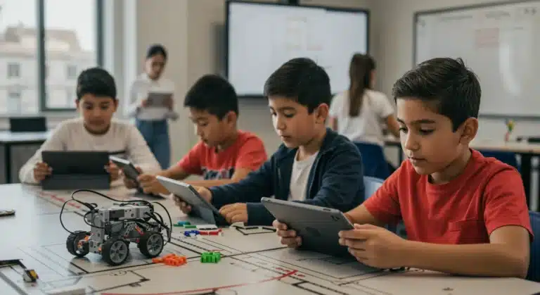 Students engaged in hands-on STEM learning with robots and tablets