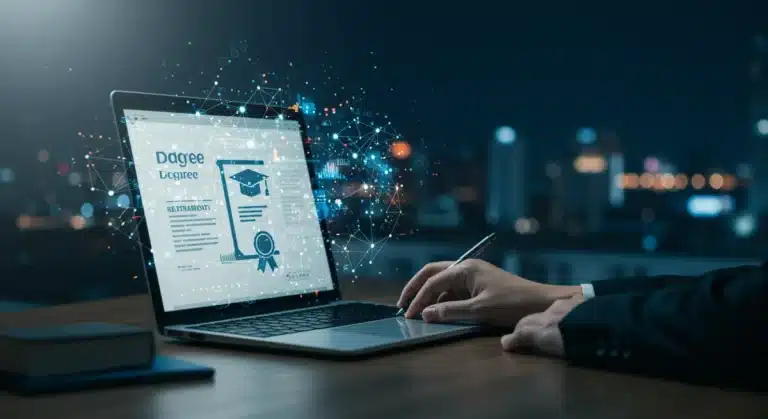 Digital degree certificate on laptop screen with futuristic background, symbolizing 2026 online accreditation changes.