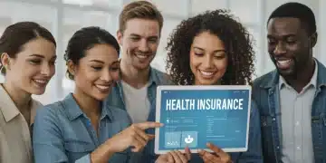 Diverse individuals reviewing ACA health insurance information on a tablet.