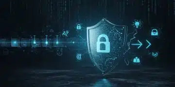 Digital shield protecting the USA from cyber threats, symbolizing DHS warning for 2026