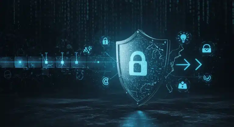 Digital shield protecting the USA from cyber threats, symbolizing DHS warning for 2026