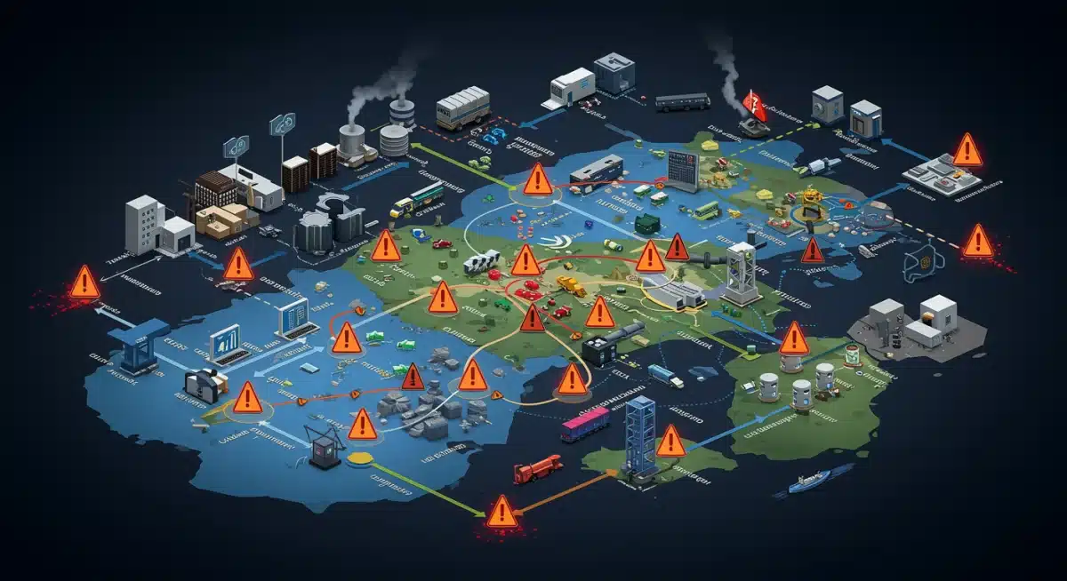Network diagram showing national infrastructure vulnerabilities and cyber attack points