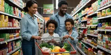 Family happily shopping for groceries with full cart, symbolizing food security in 2026.
