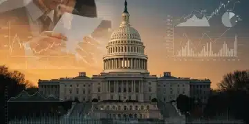 US Capitol building with financial charts and a small business owner contemplating the new tax bill.