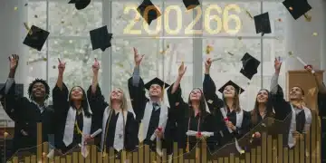Graduates celebrating with financial charts in the background, representing successful 529 college savings.