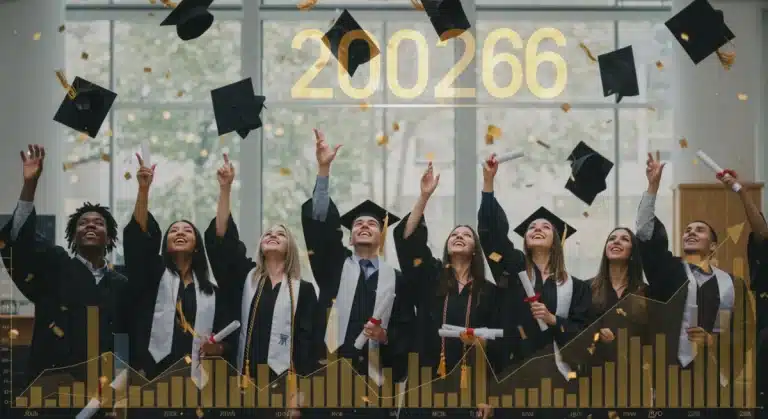 Graduates celebrating with financial charts in the background, representing successful 529 college savings.