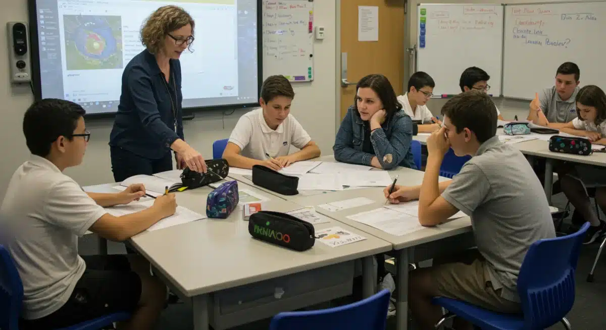 Students collaborating in a modern classroom with interactive technology.