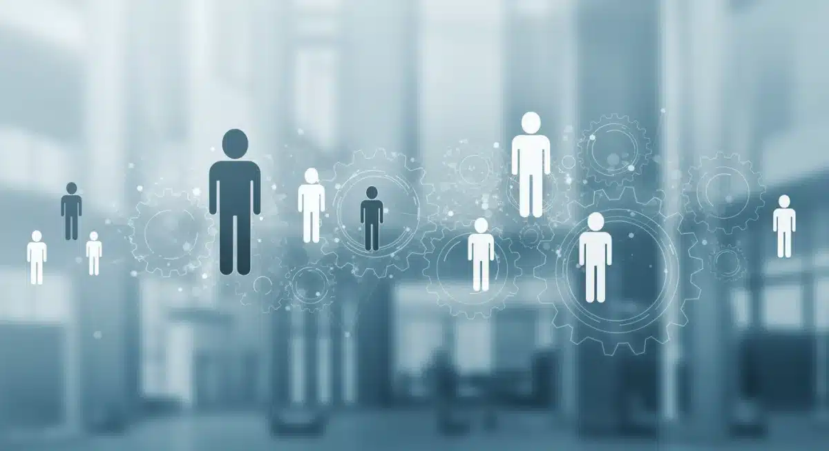 Symbolic representation of technology, education, and human collaboration in the future workforce.