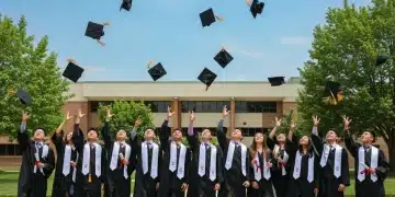 Diverse high school graduates celebrating, caps in air, symbolizing achievement.