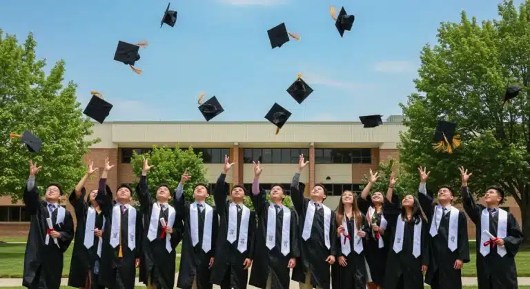 Diverse high school graduates celebrating, caps in air, symbolizing achievement.