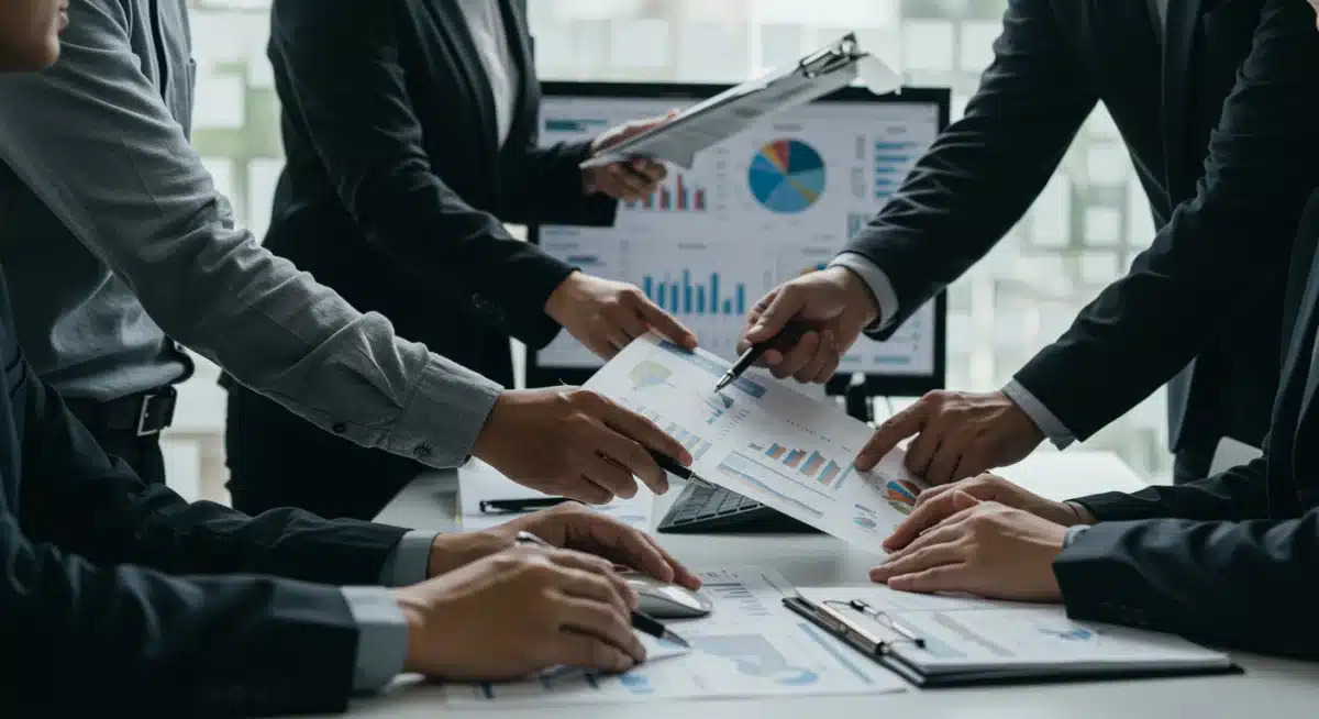 Diverse investors collaboratively analyzing market data for strategic investment decisions.