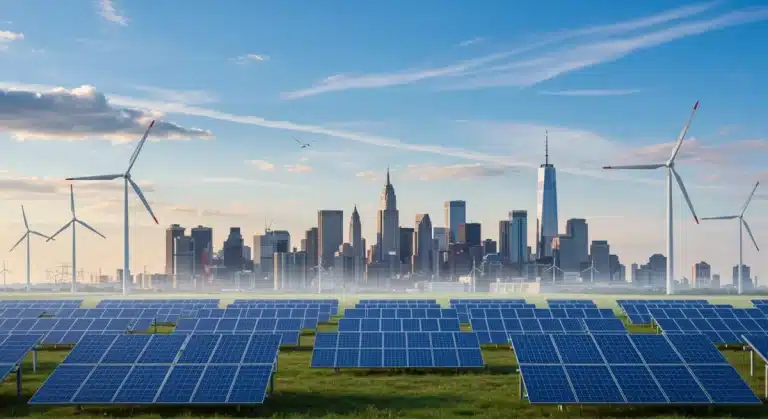 Illustration of diverse renewable energy sources powering a modern city.