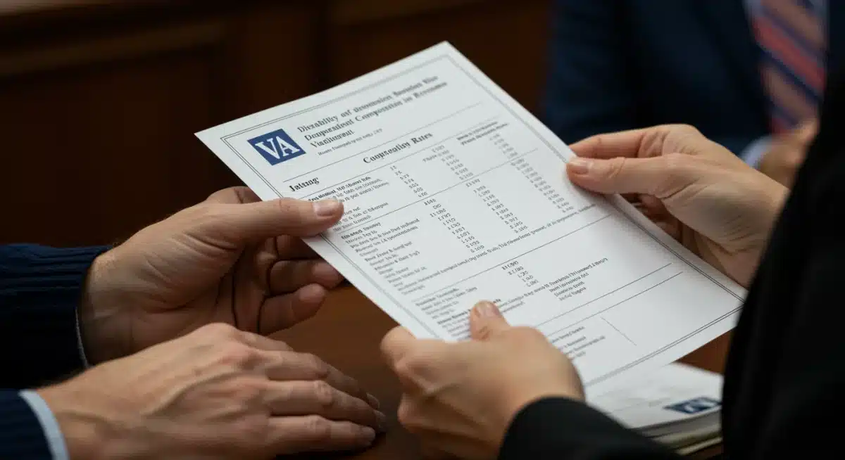 Detailed VA disability compensation rates pamphlet being reviewed by a veteran