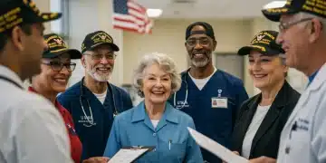 Veterans discussing healthcare options with VA staff in a modern clinic setting