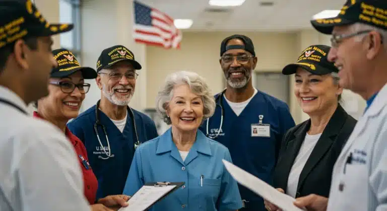 Veterans discussing healthcare options with VA staff in a modern clinic setting