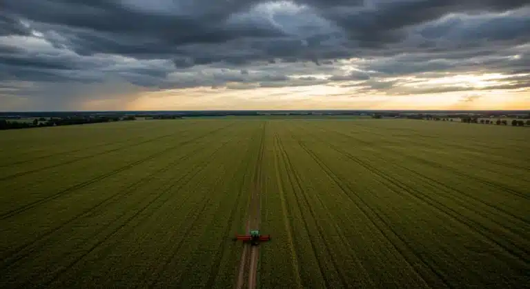 Agricultural fields under a dramatic sky, symbolizing weather impacts on 2026 crop yields.