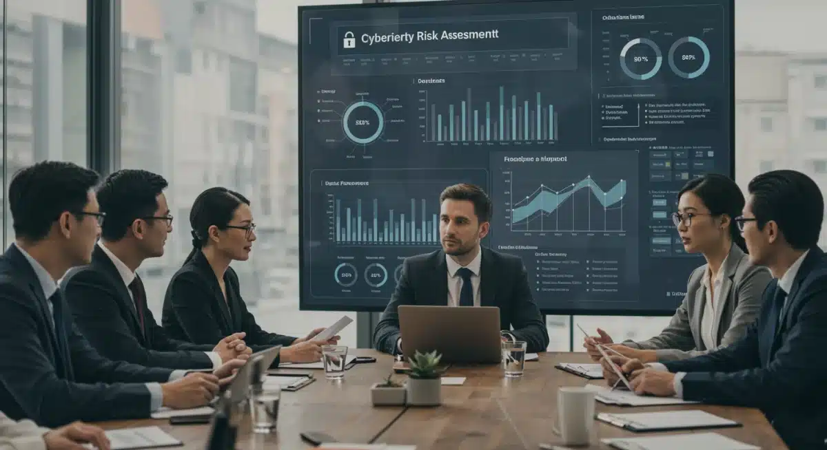 Business professionals discussing cybersecurity risk assessments and compliance strategies.